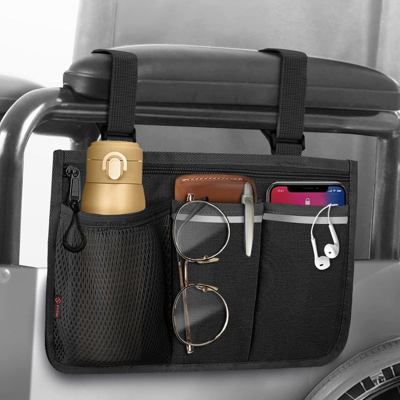 FINPAC Wheelchair Side Storage Bag - Wheelchair Armrest Accessories Organizers Pouch with Reflective Strips and Name Card Slot for Walkers, Mobility Scooters, Rollators (Black) - Image 1